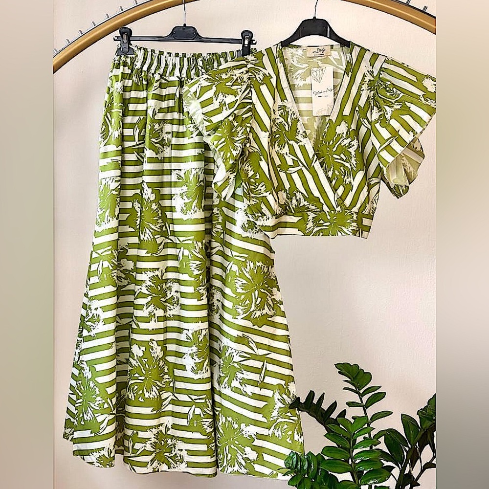 Olive and White Striped Floral Skirt Set NWT / Best for a M/L